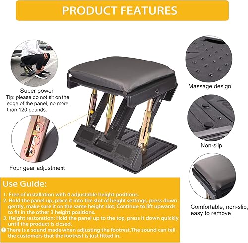 Miniatura 5 de Reposapiés ajustable para debajo del escritorio en el trabajo, cómodo reposapiés con ajuste de altura de 4 niveles, reposapiés ergonómico para silla
