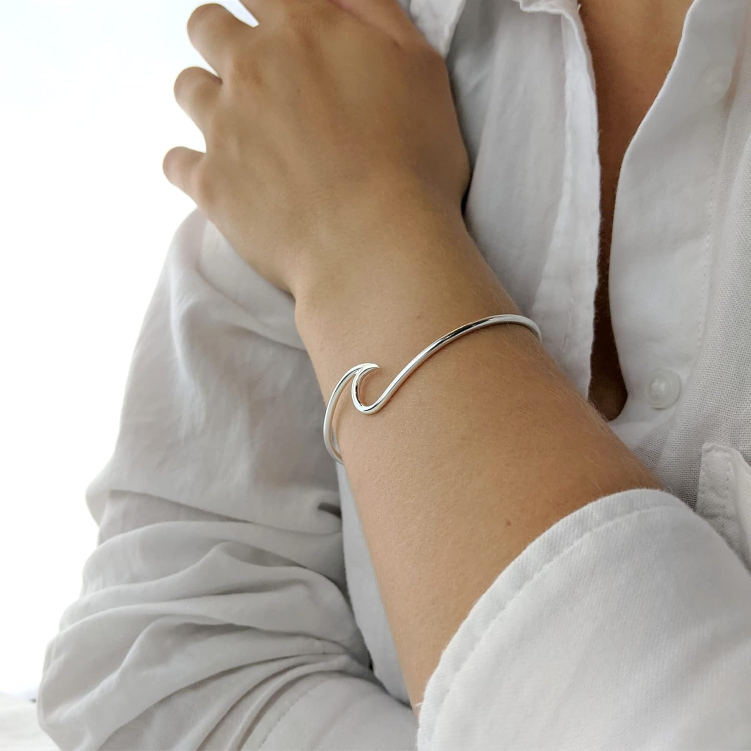 Silverly Ocean Wave Thin Solid Silver Bangle - Beach Inspired Sterling Silver Bracelet for Women - Wavy Silver Torque Bangle - Adjustable Cuff Bracelets for Daughter - Image 5