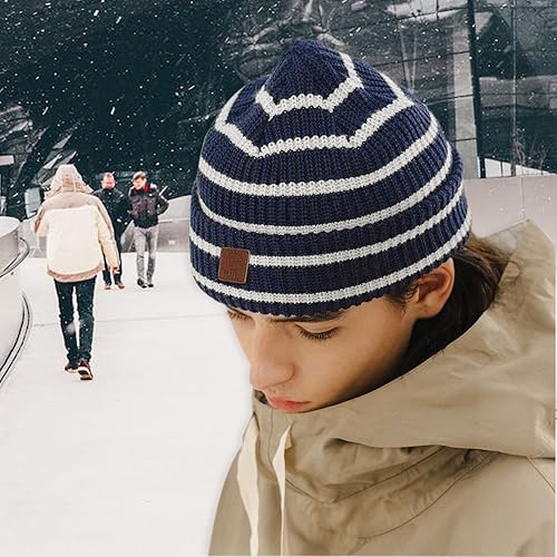 Miniatura 6 de CLAPE Gorro de punto unisex con puños estilo trineo, gorro de punto a rayas a la moda, gorro de punto cálido y acogedor, gorro de esquí Skullies