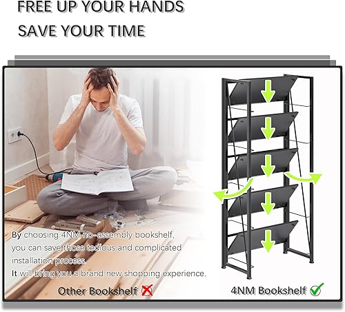 Miniatura 6 de 4NM No Assembly Folding Bookshelf, 5-Shelf 62.2" H Collapsible Foldable Bookcase Storage for Small Spaces, All Black Marrón rústico y negro,Todo