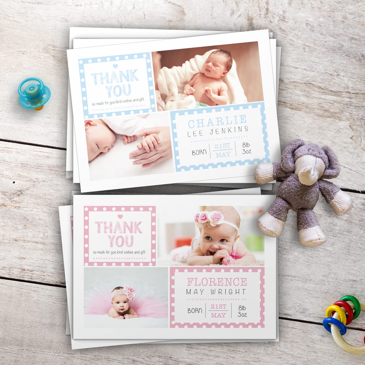 Baby Thank You Cards, Personalised, Birth Announcement, Girl or Boy Thank You Cards (Design 19), 148x105mm