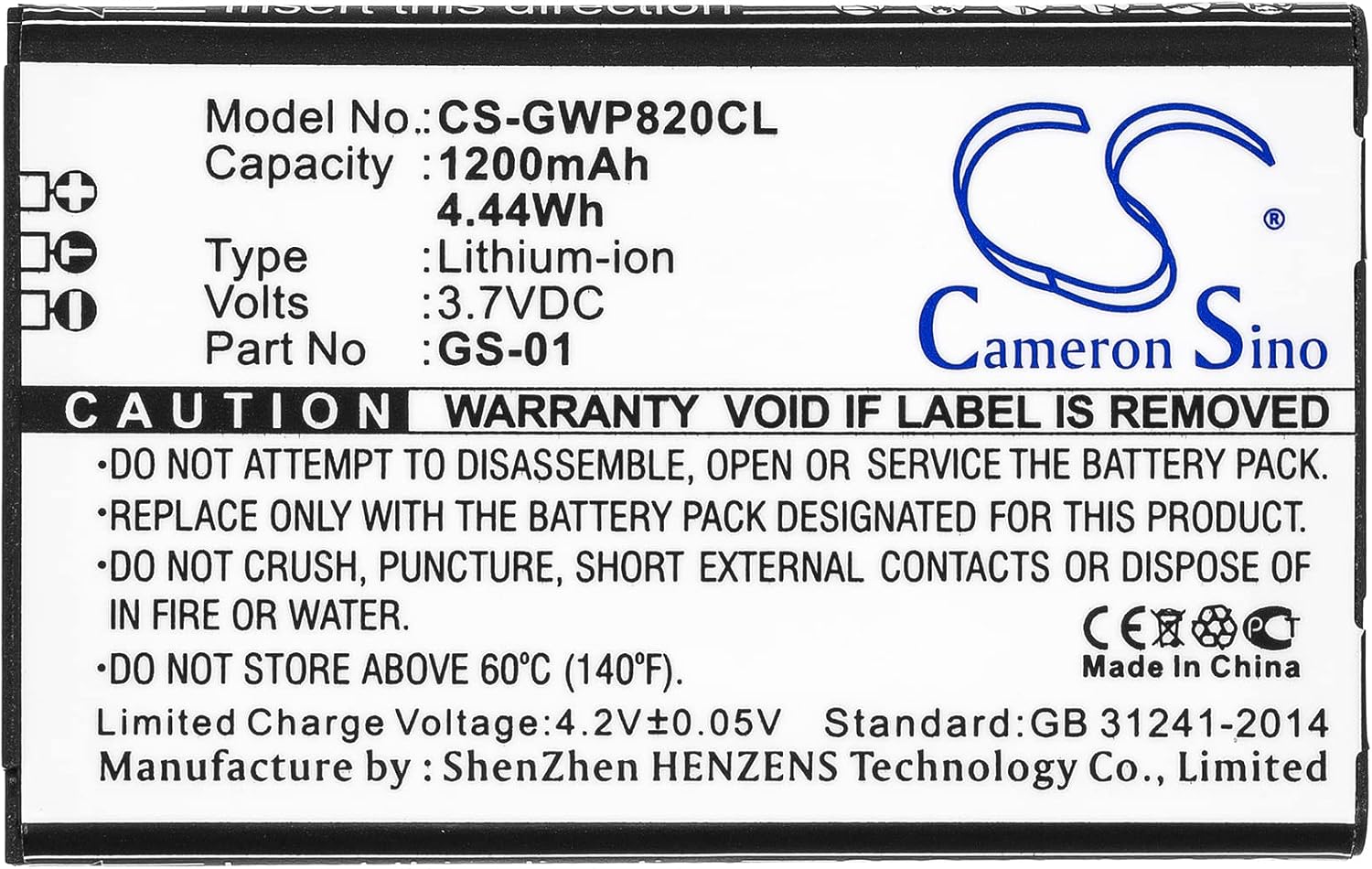 Cameron Sino Battery for Grandstream DP730, WP820 PN:Grandstream GS-01 1200mAh / 4.44Wh