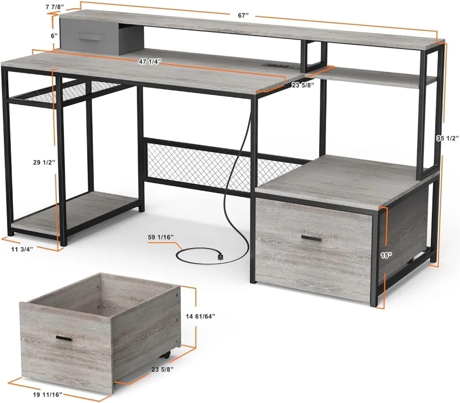 Diagram illustrating correct ergonomic posture when using a computer desk with a monitor stand, showing reduced neck strain.
