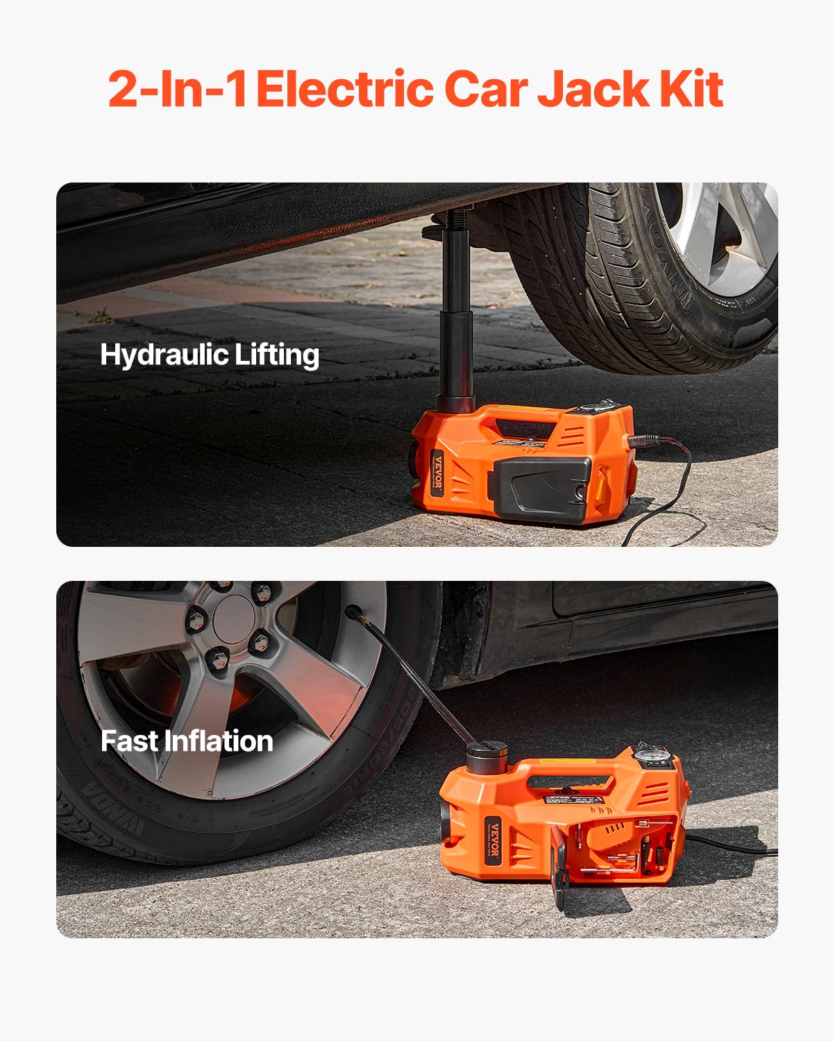 VEVOR Cric Électrique pour Voitures 5 T, Cric de Levage Réglable avec Gonfleur Intégré, Outil Démonte-Pneu Portable avec Marteau Sécurisé et Lumière LED, pour Urgence Dépannage Routière SUV Berline