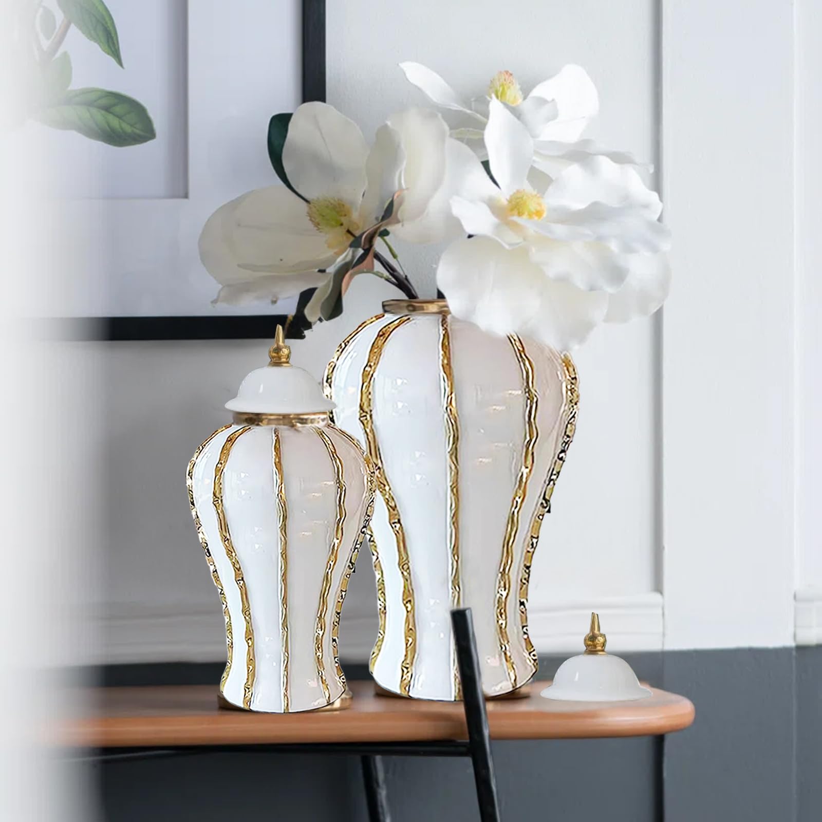 Set Di Vasi In Ceramica Bianca E Oro - Design Moderno A Ciambella - Alti E Decorativi Per Erba Della Pampa, Fiori Secchi - Per Tavolino, Ingesso, Centrotavola Bohémien