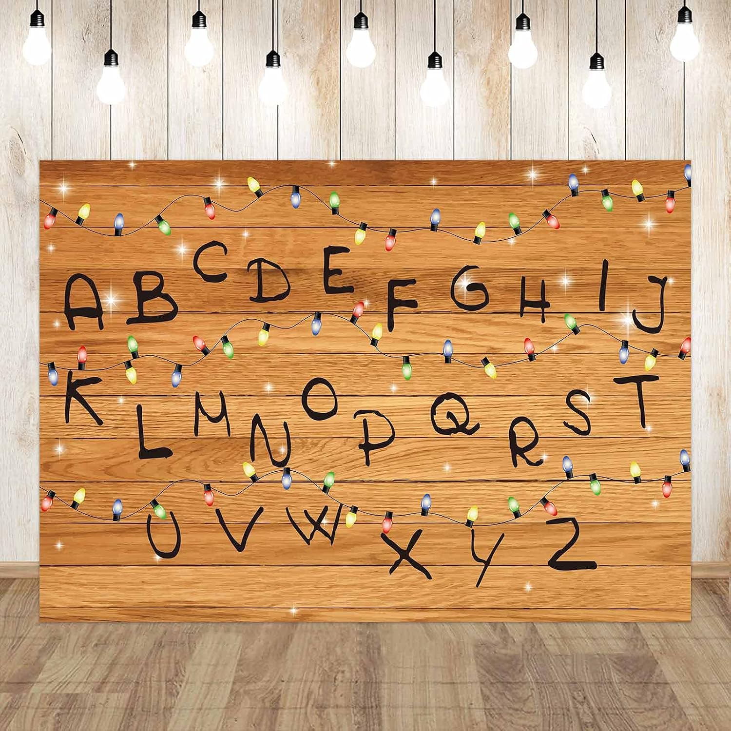 Allenjoy Stranger Backdrop Alphabet Wood Wall Colourful String Background Birthday Party Banner Table Wall Decor Photography Photo Shoot Booth Studio 5x3ft