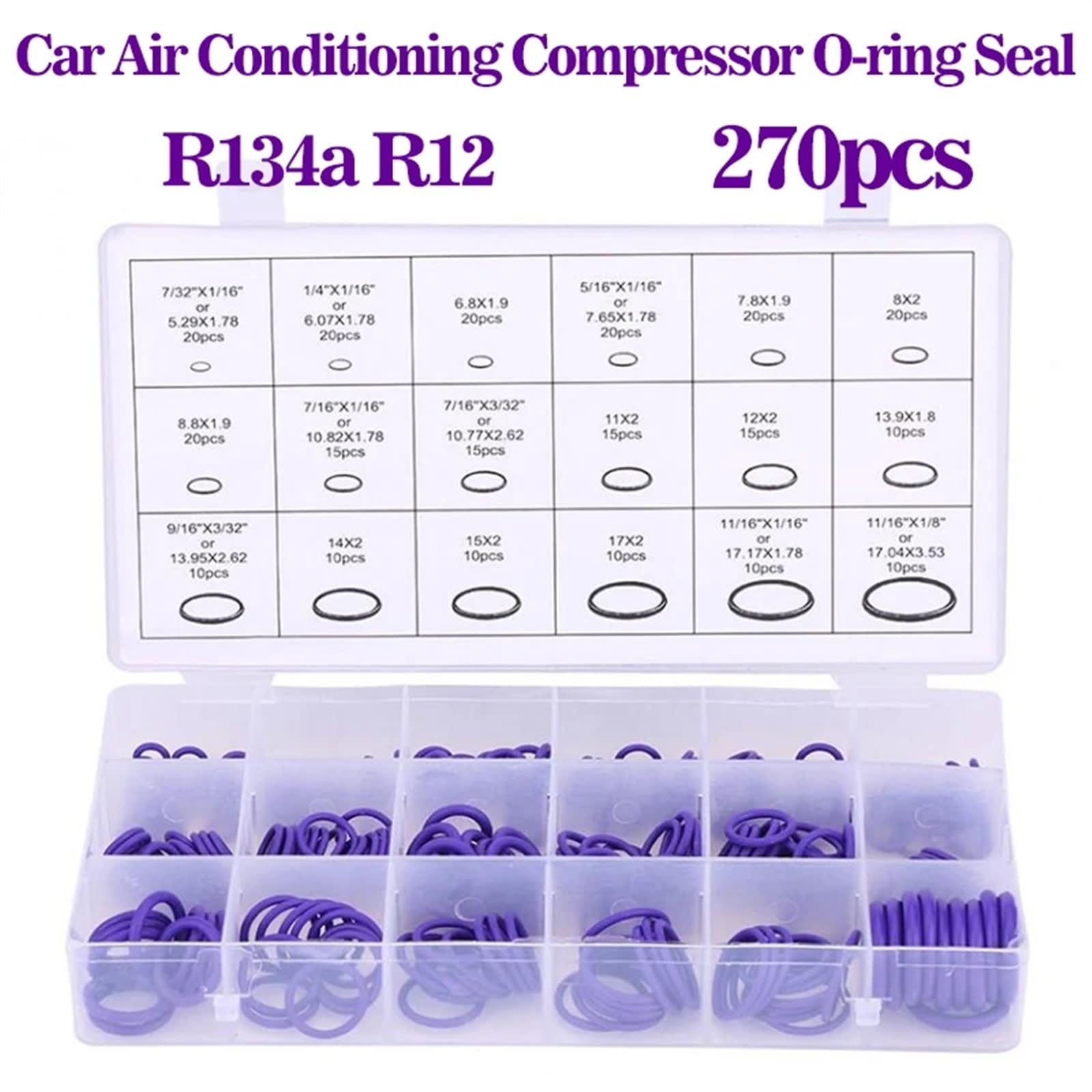 Juego de juntas tóricas, Kit de sellado de goma R134a R12 for aire acondicionado automotriz, herramienta de reparación de sistema A/C(Purple 270pcs)