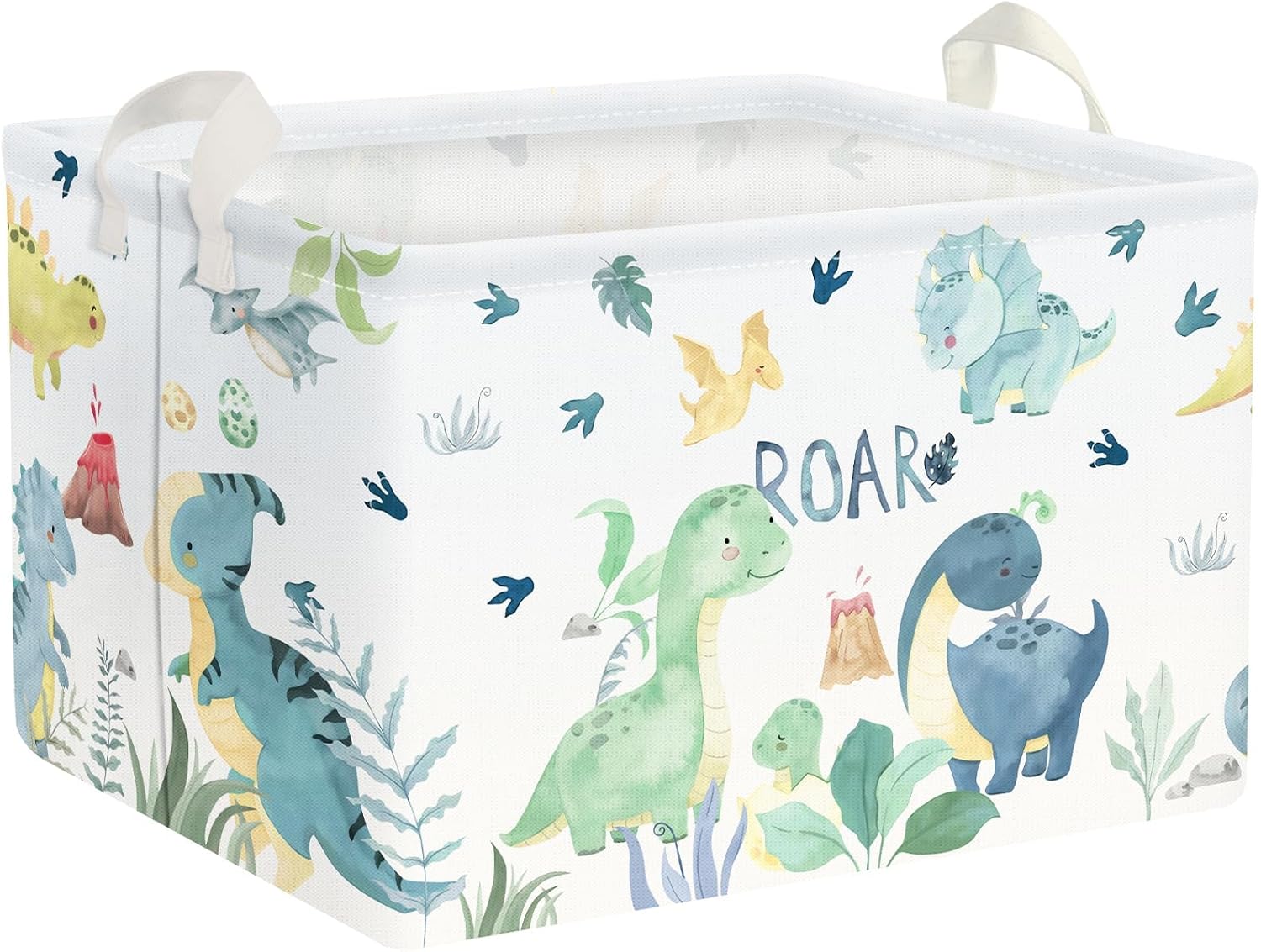 Clastyle Adorable Watercolors Green Dinosaur Shelf Basket Volcano Palm Leaf Collapsible Storage Bin Rectangle Clothes Books Toy Storage Cube, 21L