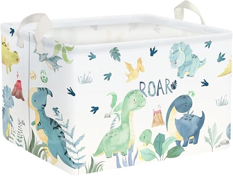 Clastyle Adorable Watercolors Green Dinosaur Shelf Basket Volcano Palm Leaf Collapsible Storage Bin Rectangle Clothes Books Toy Storage Cube, 21L