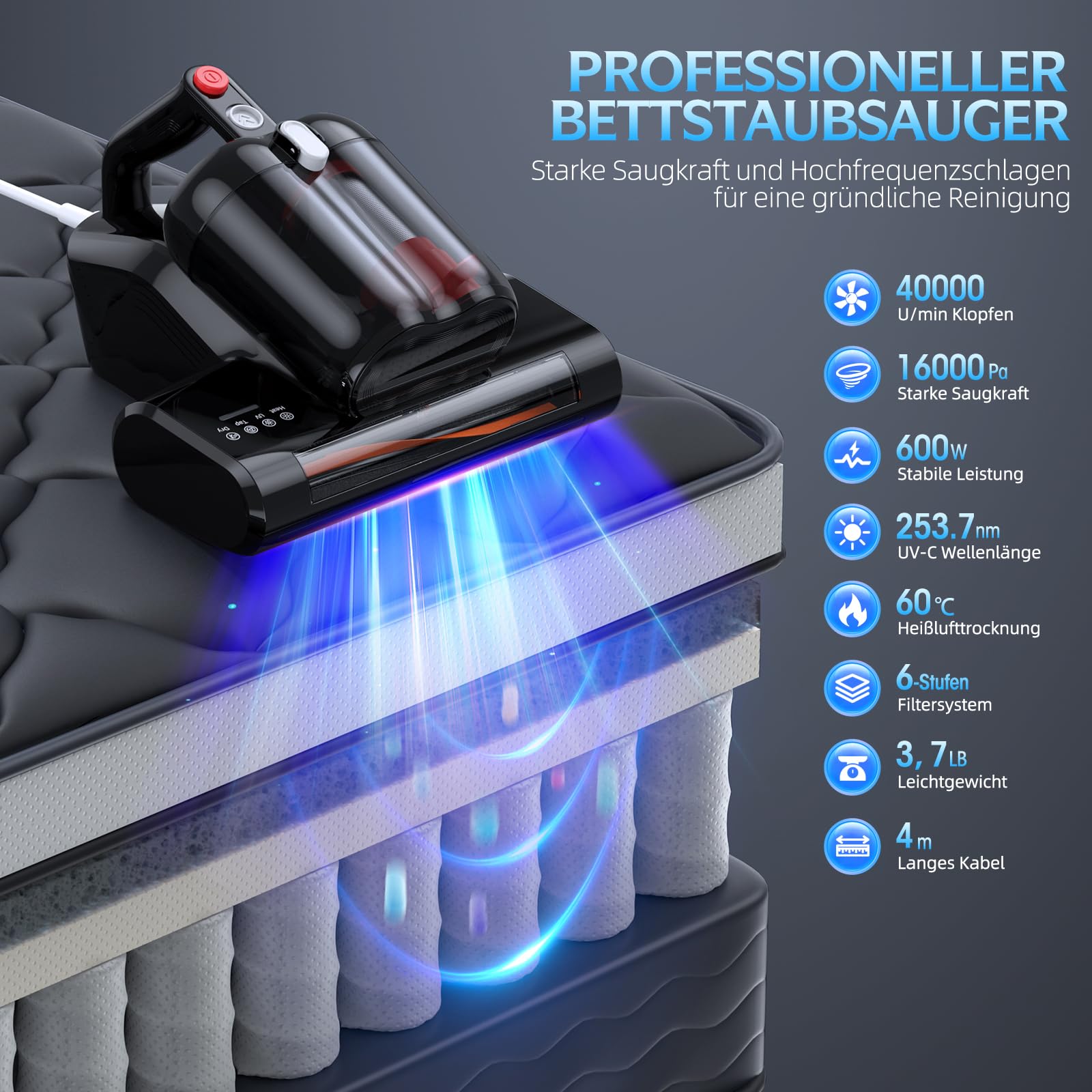 Milbensauger für Matratzen 253.7nm UV-C Licht 16Kpa HEPA Filter 40000 RPM Bürstenrolle 600W Kabel