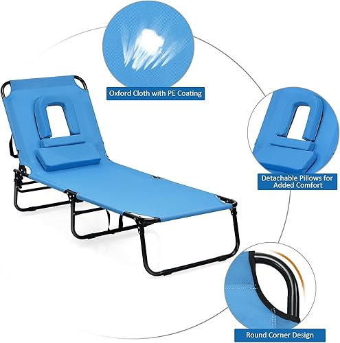 Miniatura 8 de Sillón plegable de playa con 5 respaldos ajustables y almohada acolchada, tumbona para tomar el sol, silla plana de bronceado para cubierta de