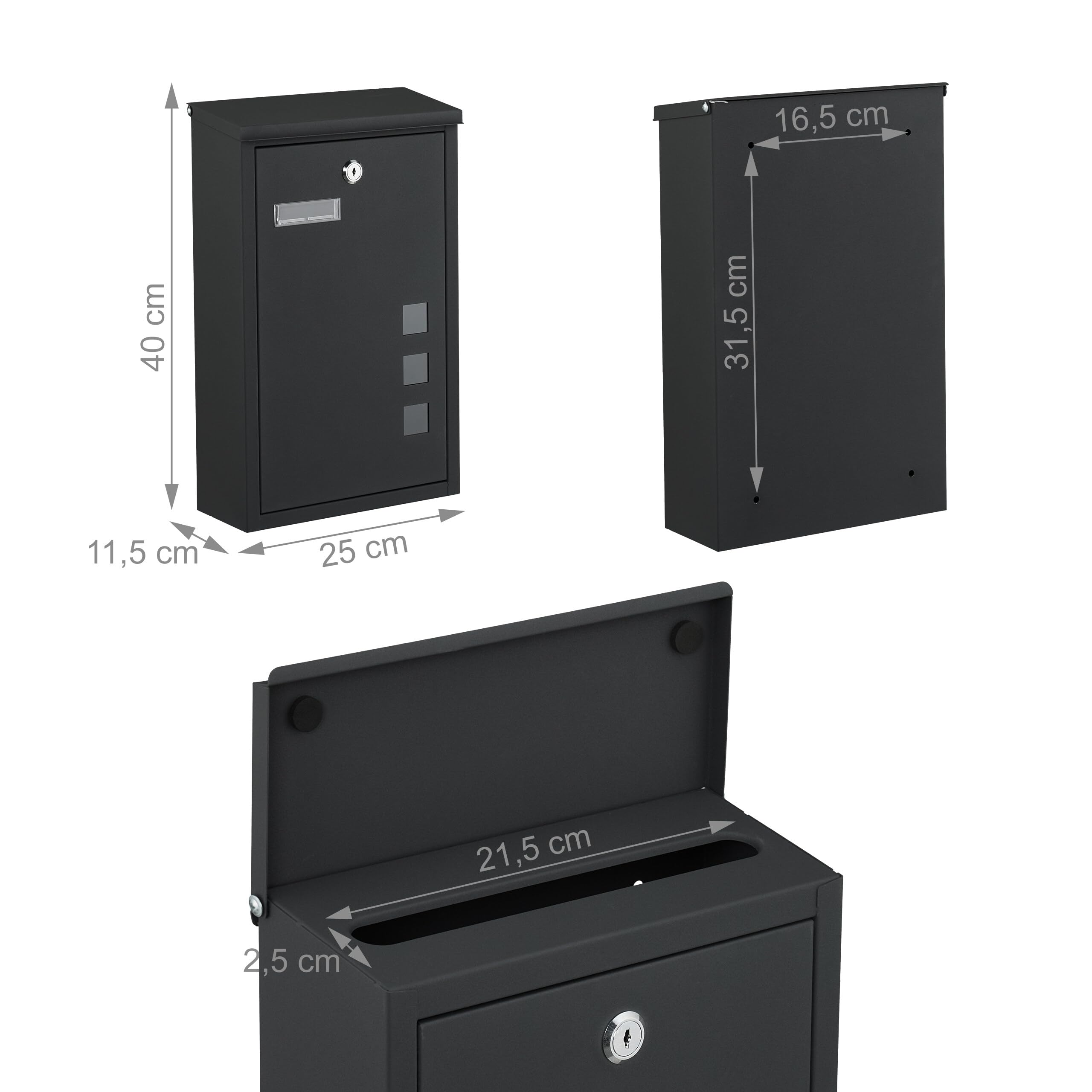 Relaxdays Cassetta della Posta a Parete, Buca Porta Lettere con Chiave e Finestrelle, Mailbox HLP: 40x25x11,5 cm, Nero