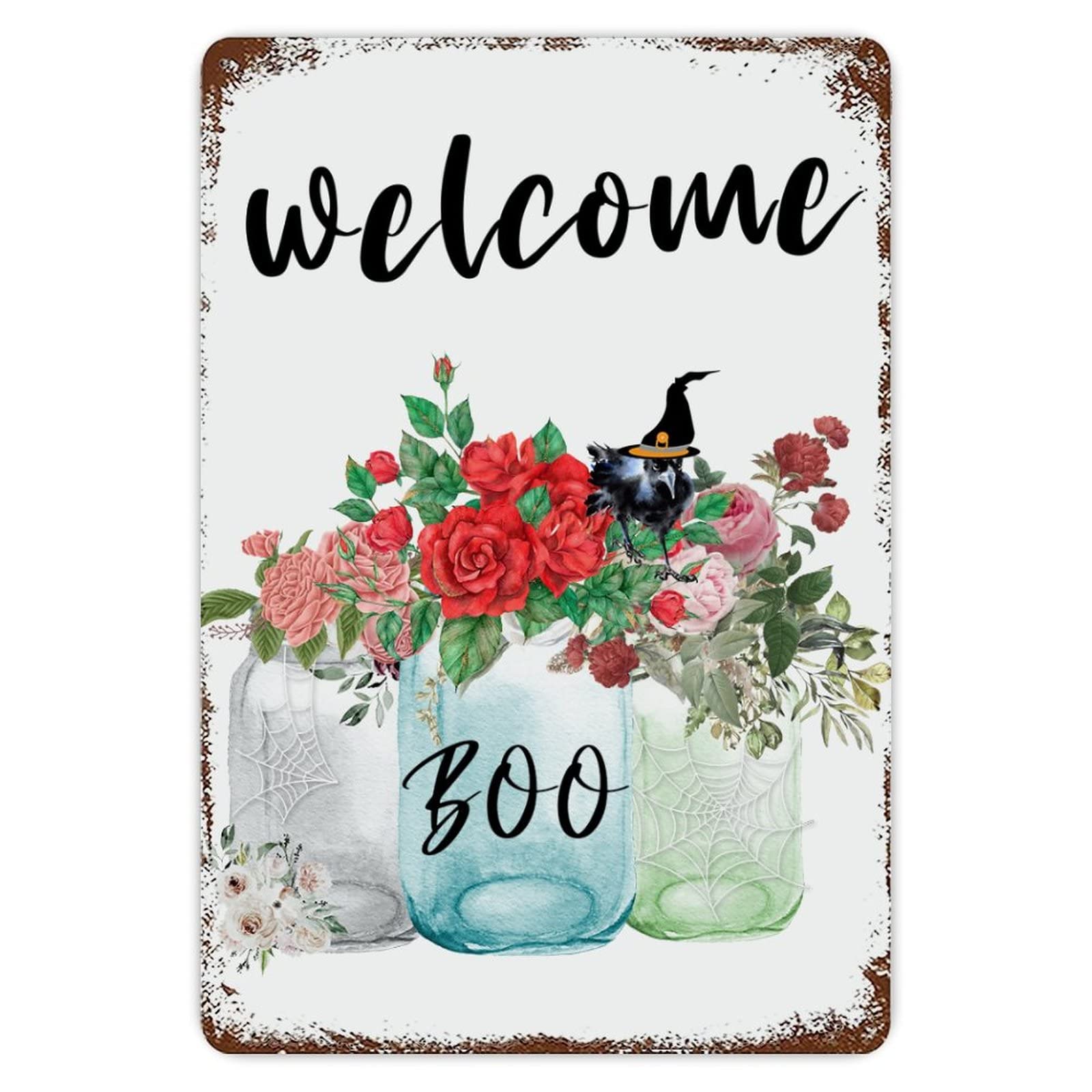 ENEDNATE Welcome Halloween Floral Vase Crow Aluminum Tin Metal Sign for Indoor Outdoor Business Retail Store Patio Yard Home Decoration Easy to Mount Wall Art Print Poster 8x12 Inch