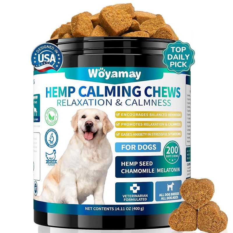 Petisco mastigável calmante para cães Woyamay com L-triptofano e ervas, sabor frango, 200 unidades