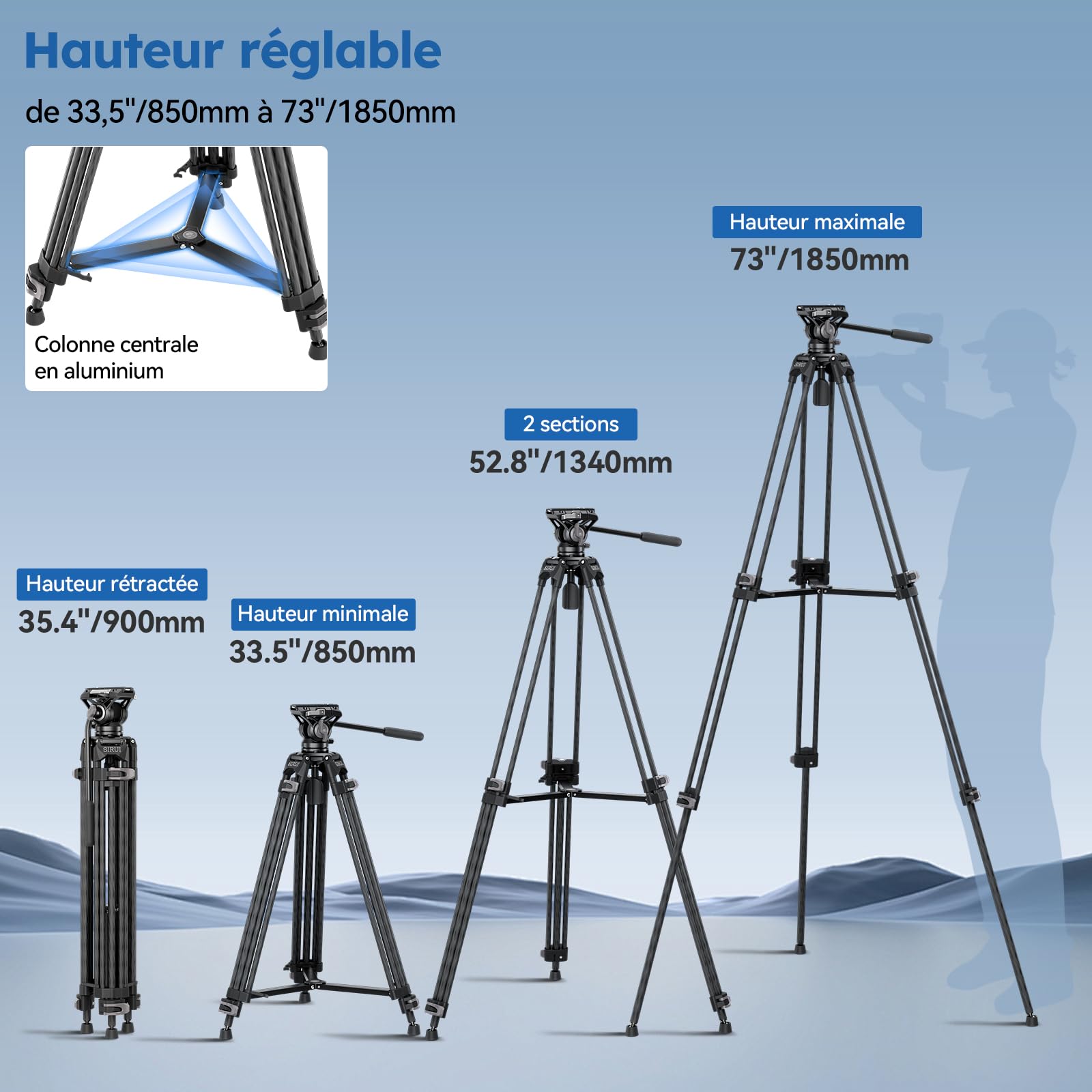 SIRUI Trépied Vidéo en Fibre de Carbone à Dégagement Rapide, 185cm Trépied Robuste avec Tête Fluide et Système de Verrouillage Rapide en Une Étape, pour DJI et pour Manfrotto, Max 15 kg, AVT-12