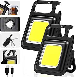 Small Flashlight, 1000Lumens Bright Rechargeable Keychain Flashlights, COB Mini Flashlight with 3 Light Modes, Portable Pocket Light with Folding Bracket, Bottle Opener and Magnet Base for Walking