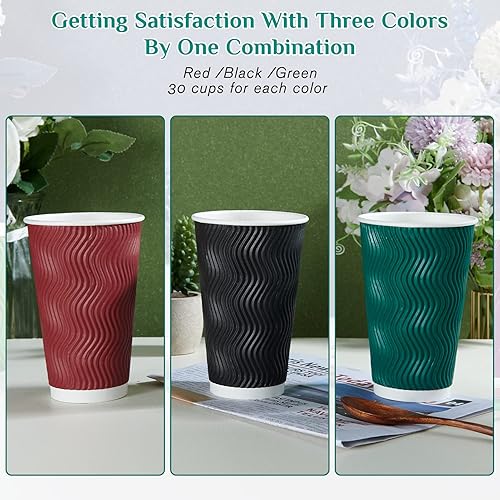Miniatura 5 de MUCHII Tazas de café de papel de 16 onzas, 90 tazas de café desechables multicolores, tazas de café caliente de papel ondulado aislado para café,