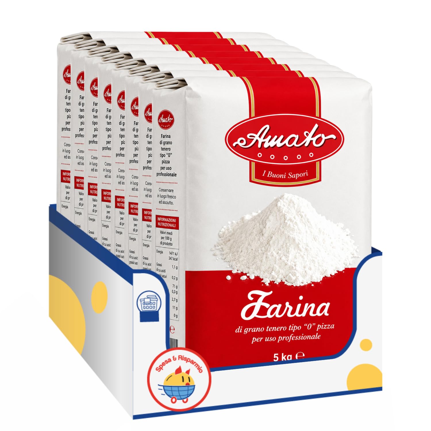 Amato Farina Pizza Tipo 0 5 kg, Farina di Grano Tenero per Pizza, Pane, Focaccia e Lievitati, Ideale per Impasti Professionali, Confezione Multipla da 4/8/12 Pezzi (12 PEZZI)