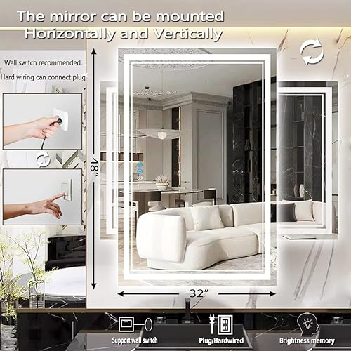 Miniatura 6 de THEKLA Espejo de baño LED de 32 x 48 pulgadas, espejo frontal iluminado para pared de baño, espejo LED de 48 pulgadas, espejo de tocador iluminado