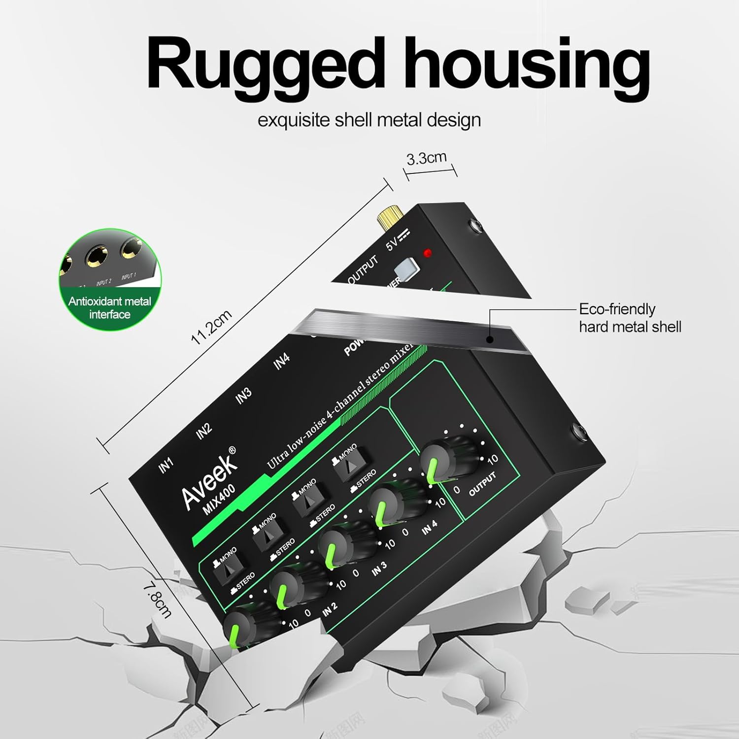 Aveek 4 Channel Mixer dimensions and rugged housing