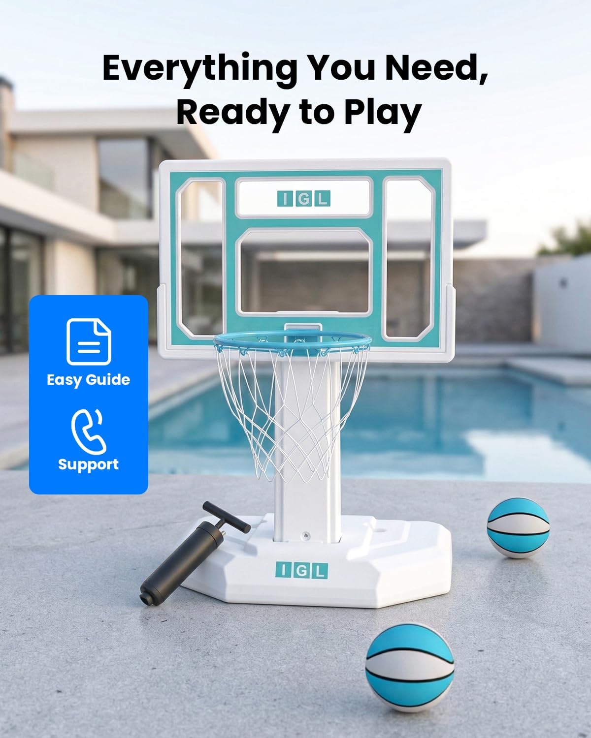 IGL Pool Basketball Hoop - Portable Swimming Pool Goal with 28/32/36/44 Inch PC Backboard, Water-Filled Base for Stability, Includes 2 Balls & Pump - Outdoor Summer Fun Game for Kids & Adults