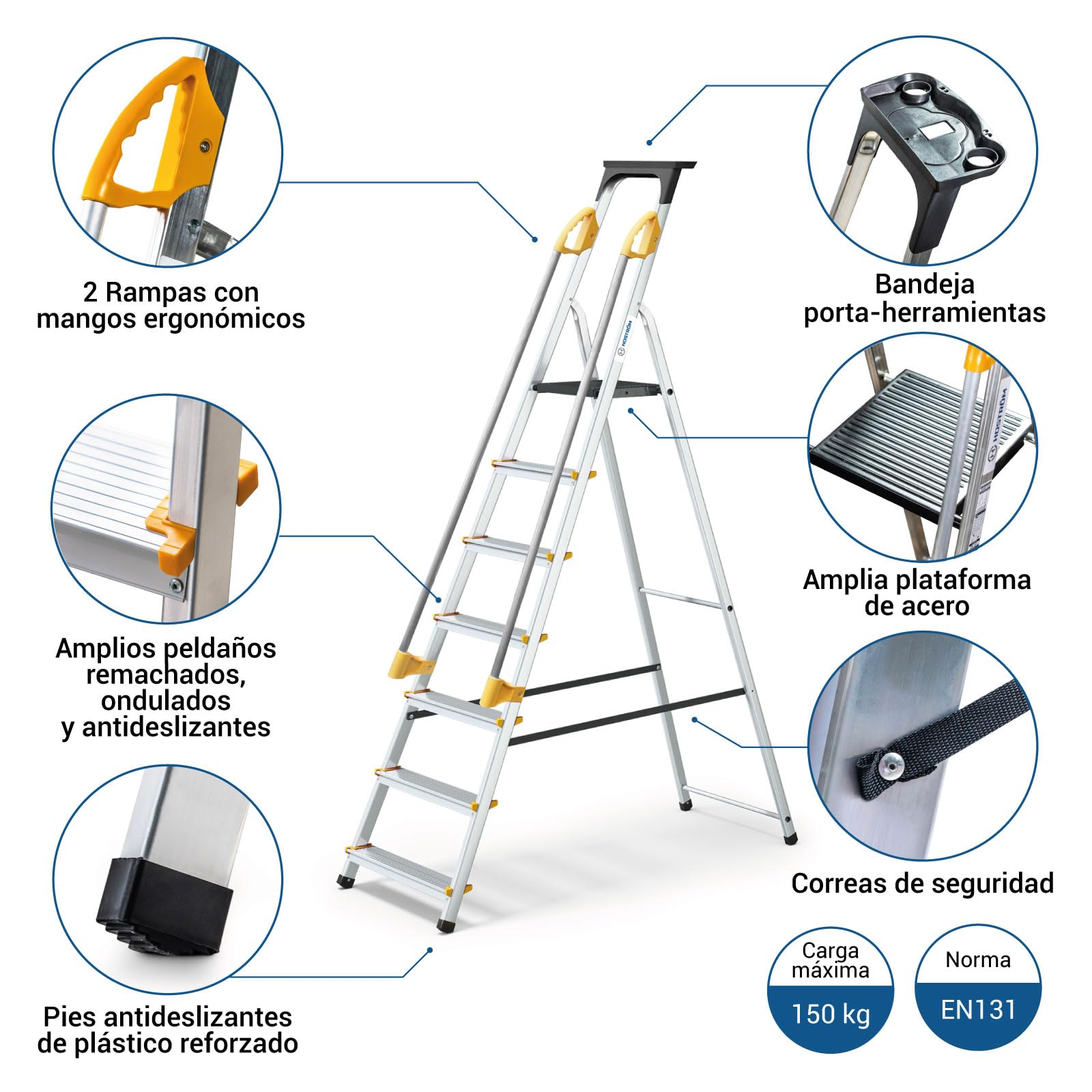 HOSTRÖM Escalera de 7 peldaños DURAMP Segura con rampas, Estante portaherramientas, Estribo Plegable Aluminio, Altura Plataforma 140 cm, garantía de 5 años.