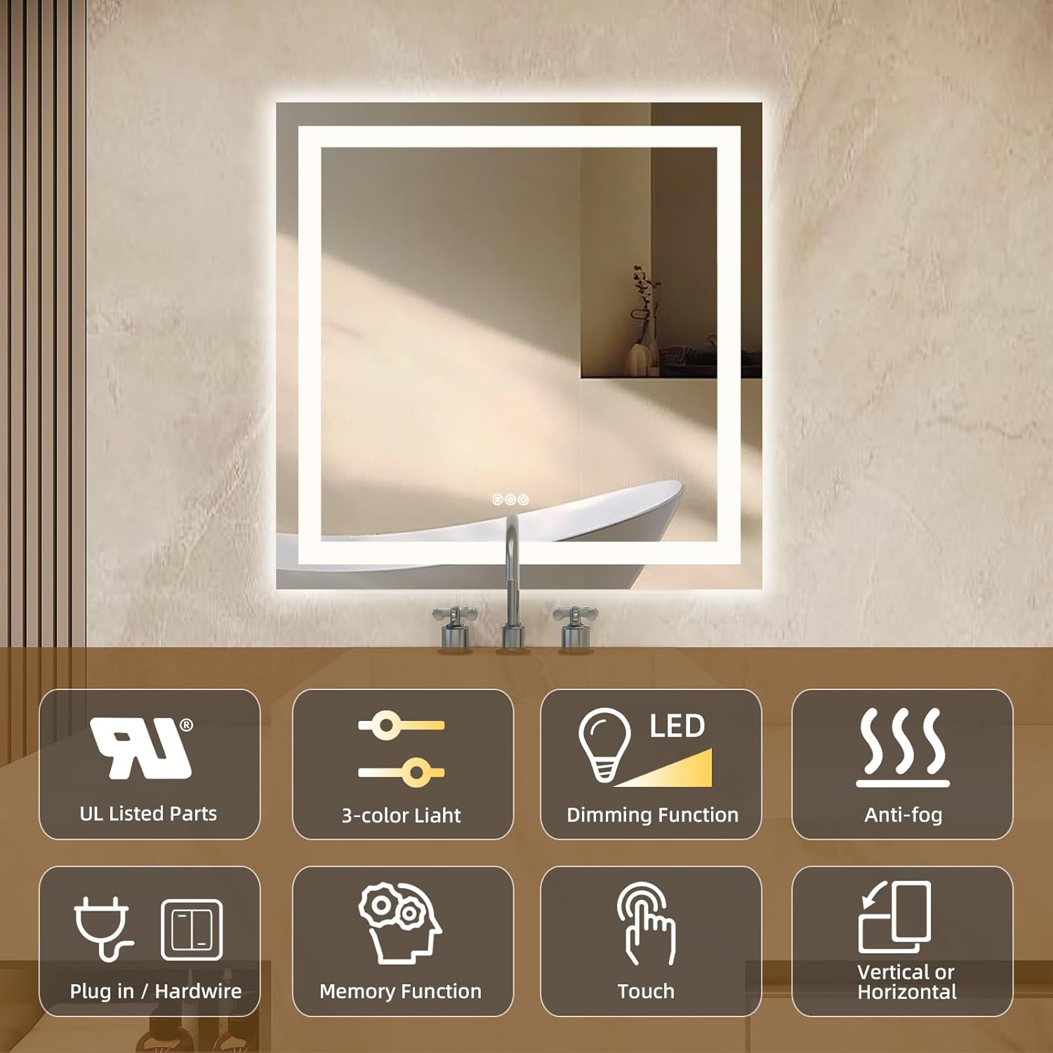 LED Bathroom Mirror, 36"x36" with Front and Backlit, Bathroom Vanity Mirror for Wall, Stepless Dimmable Anti-Fog Memory Function, Tempered Glass (Horizontal/Vertical)