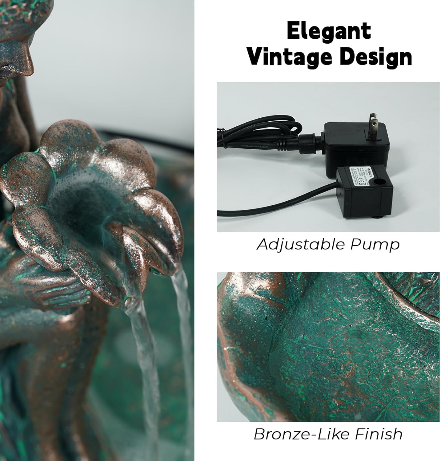 ZMG 14" Angel Fairy Outdoor Water Fall Fountain, Durable Resin Garden Fountain for Home Decor, Office, Gardens, Landscaping, Patios, Balconies, Bronze, Gift Ideas