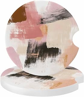 Abstract Pink Strokes Car Coaster, Color Block Vintage Modern Absorbent Ceramic Coasters for Car, 2 Pcs Coasters for Auto Cupholder Accessories Keep Vehicle Clean 2.56inch