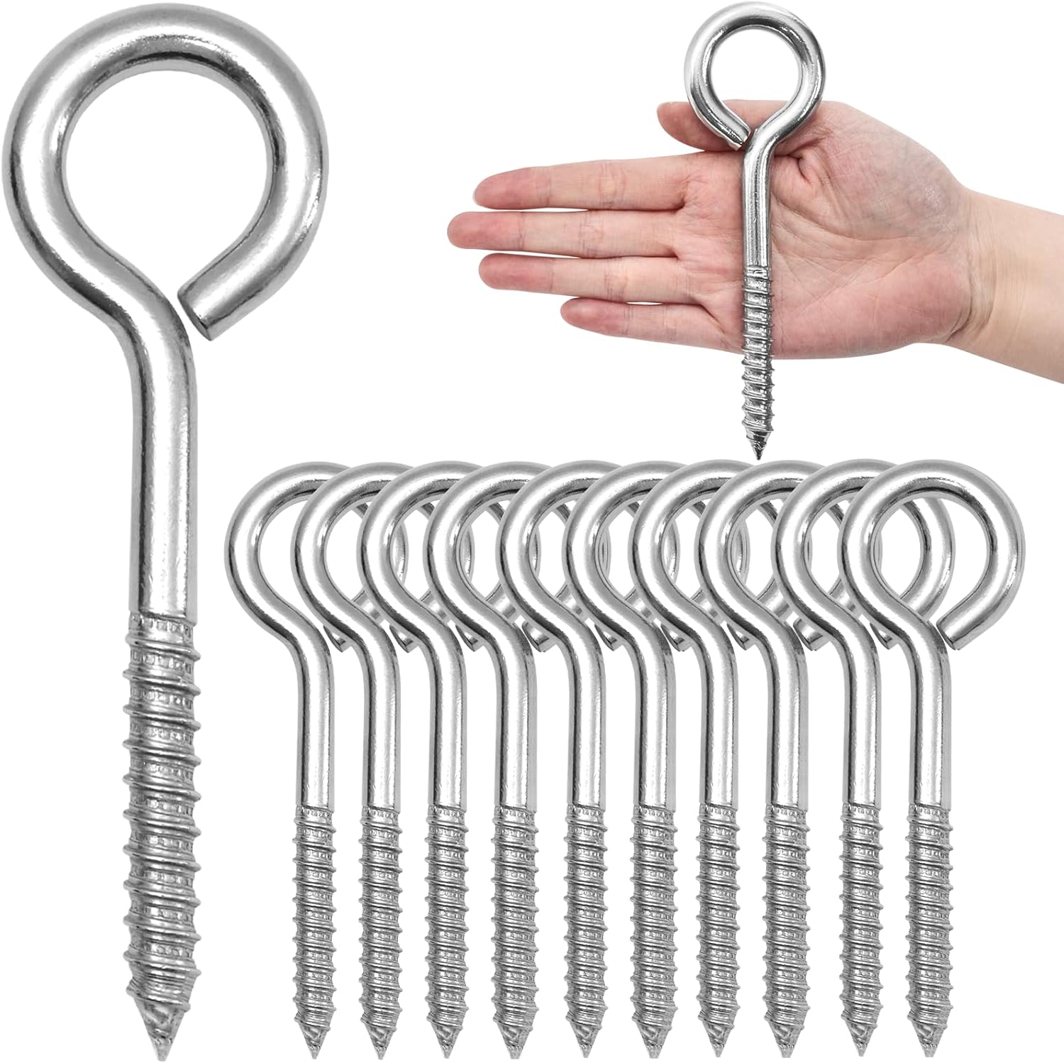 10PCS 6 inches Screw Eyes M10 304 Stainless Steel Eye Screws, Heavy Duty Screw, Eye Hooks Screw Eye Bolts Eye Hooks Screw, Indoor & Outdoor Uses (10, M10-6inch)
