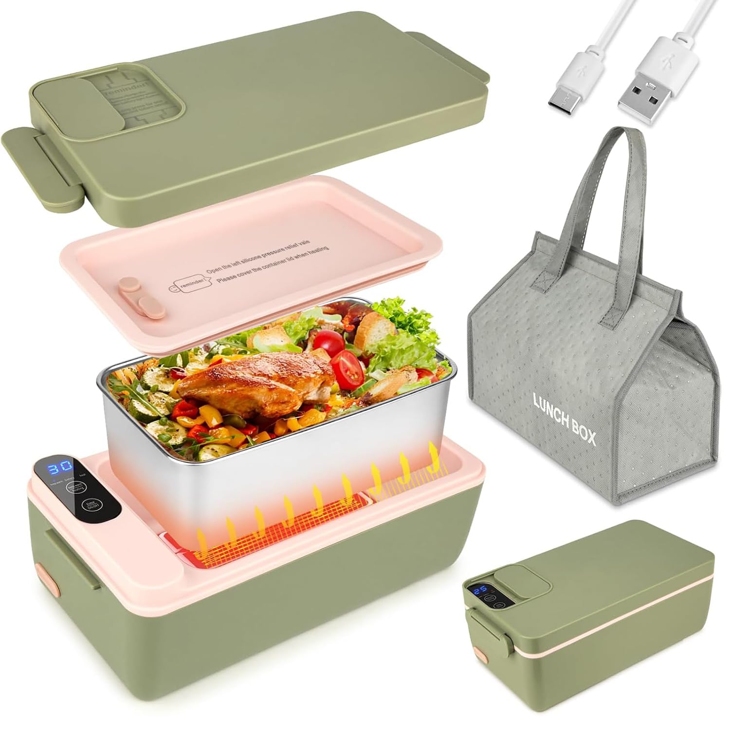 Cordless Electric Lunch Box, Cordless Food Warmer, Battery Powered Heated Lunch Box, USB Electric Lunch Box for Adults 1L 304 Stainless Steel Container, Warming Time Selectable, HD Display (Green)