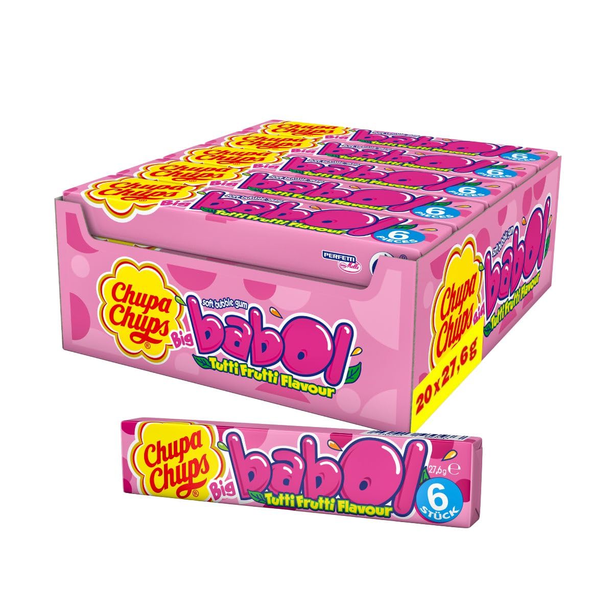Chupa Chups Big Babol Tutti Frutti Bubble Gum, Theken-Display enthält 20 Stangen Kaugummis mit Frucht-Geschmack, für große Kaugummi-Blasen, geeignet für Geburtstag, 20 x 27,6g