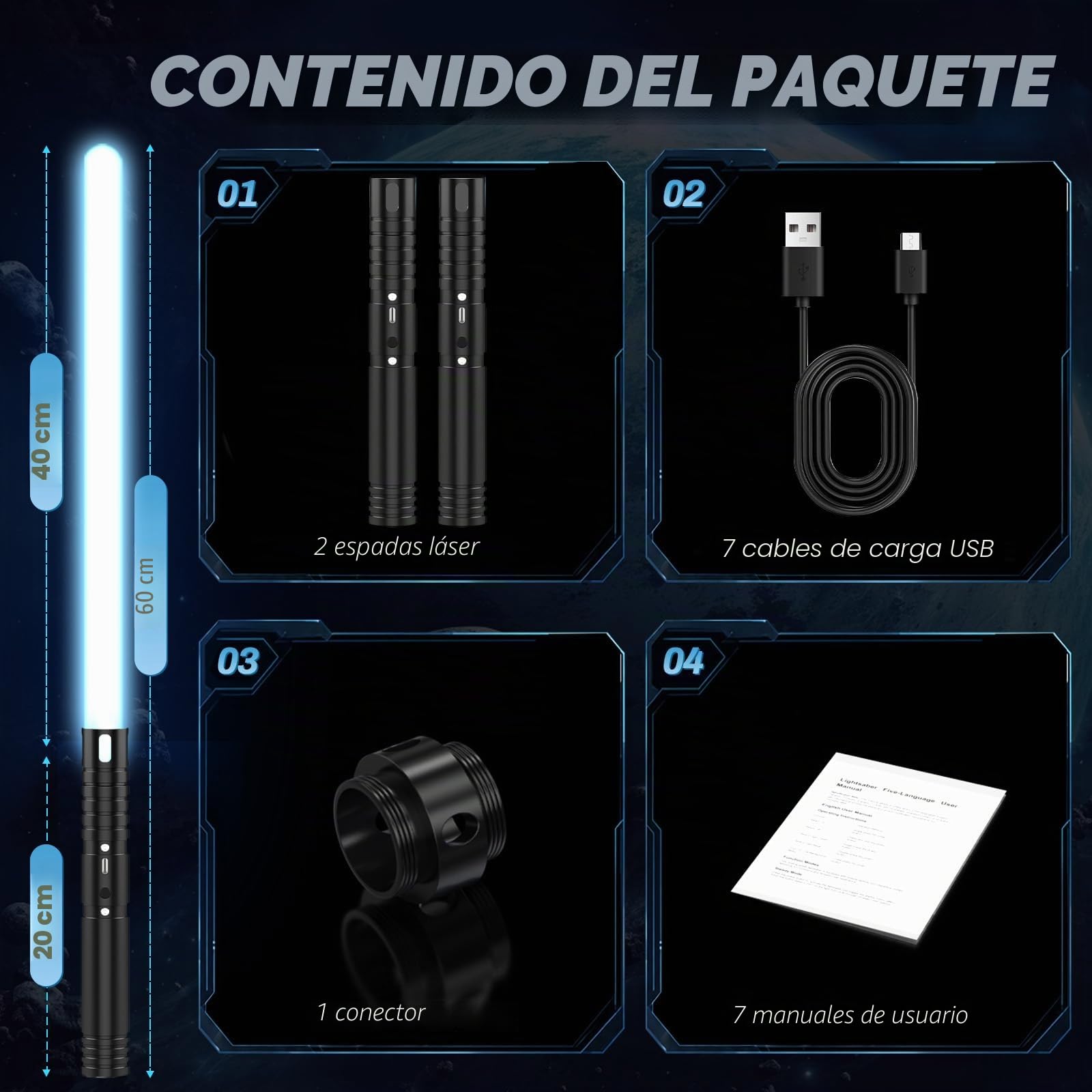 Espada Láser, Sable de Luz de 2 en 1 15 Colores, 4 Modos y Efectos de Sonido FX, Sable de Luz de Carga USB-C,Espada láser para niños Halloween Cosplay (Negro 2PC)
