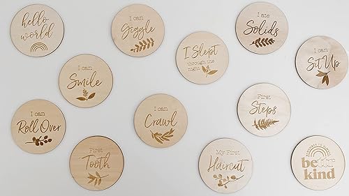 Miniatura 5 de 12 discos de madera de hito mensual para bebé, 12 tarjetas de doble cara (24 diseños), letrero de Hello World, accesorios para fotos de recién