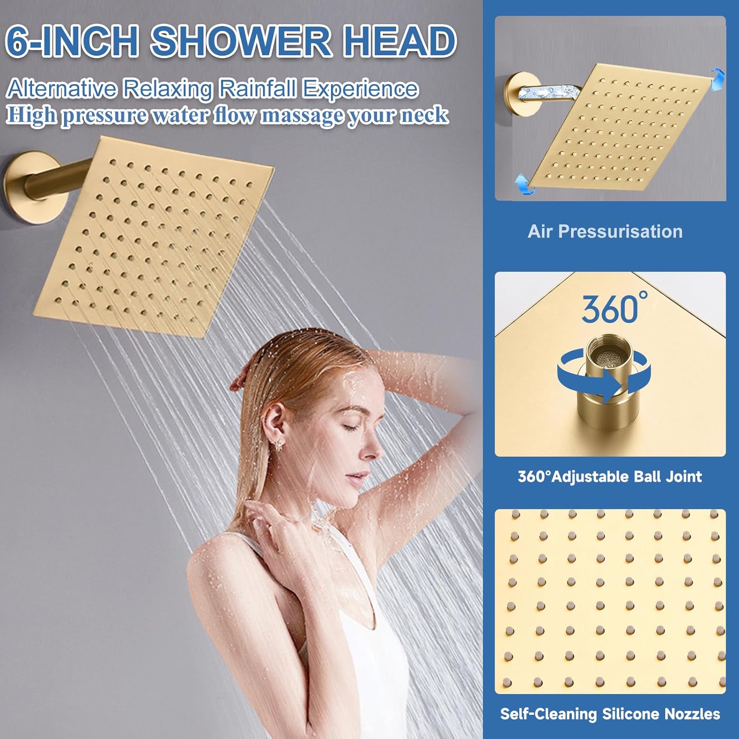 Dual Shower Head System Brushed Gold 12" Ceiling Mount Rainfall Shower and 6" Wall Mounted Shower Head System with Handheld Spray, Push Button Diverter Shower Faucet Set, Can All Run Together