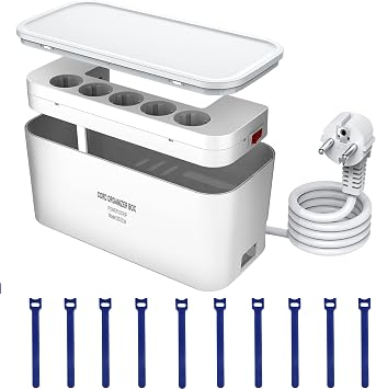 Cable Box with Power Strip USB C Surge Protection 5-Way Multiple Socket with 3 USB Charging Ports Cable Organiser Box Socket Adapter 29.5 x 14 x 14 cm 2 m Cable White