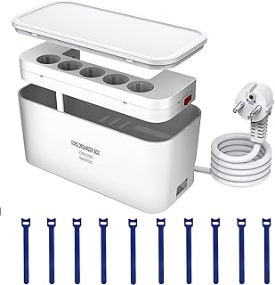 Power Strip with Cable Box, White, Multiple Socket, Surge Protection with 5 Sockets and 3 USB, Desk Organiser, Cable Organiser Box with Socket Adapter, 29.5 x 14 x 14 cm, 2 m Cable