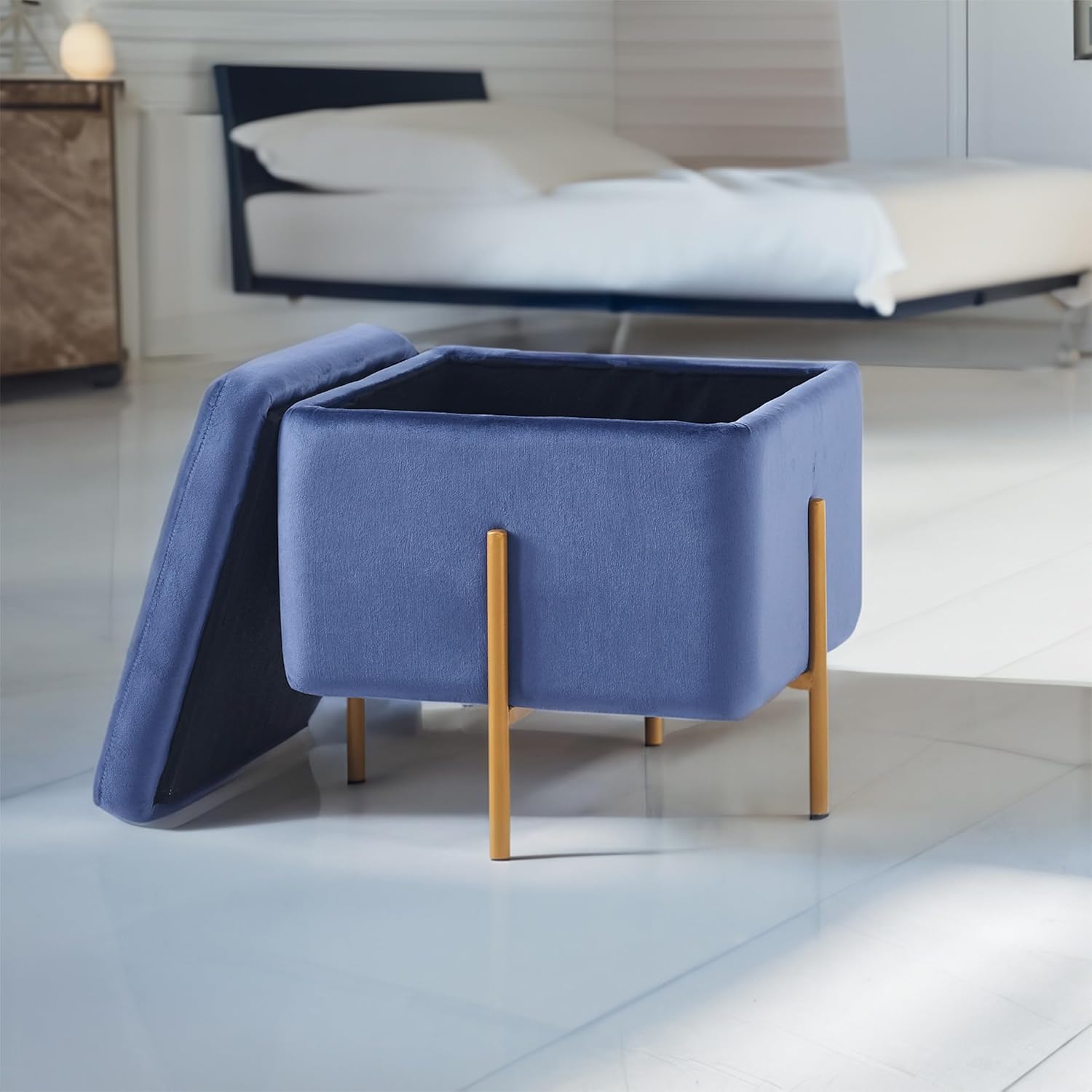 JV Home Ottoman Cube Pouf with Storage Velvet Soft Bench Vanity Accent