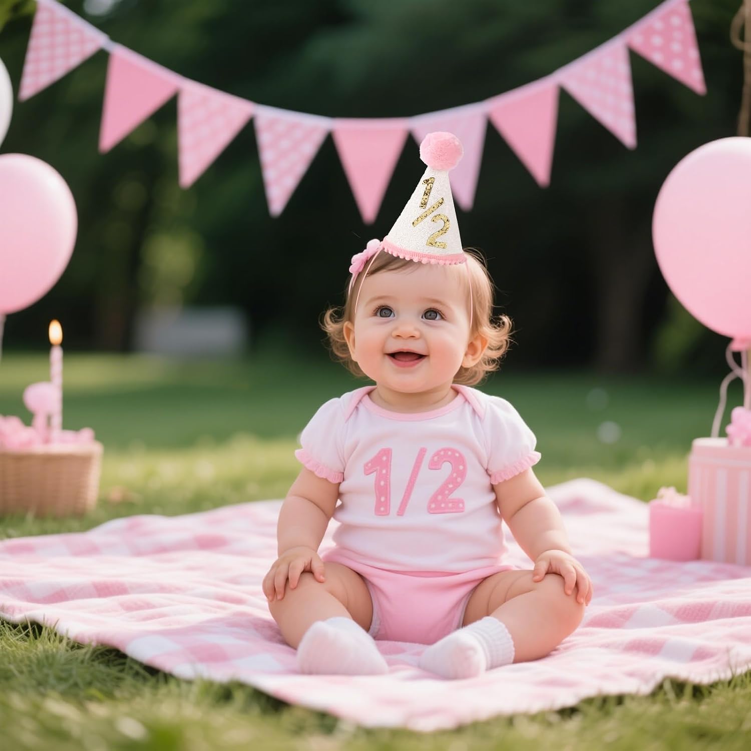 Pink Half Birthday Party Crown, 1/2 Glitter Pink Party Hat for Baby Girls or Boys, Birthday Photo Prop