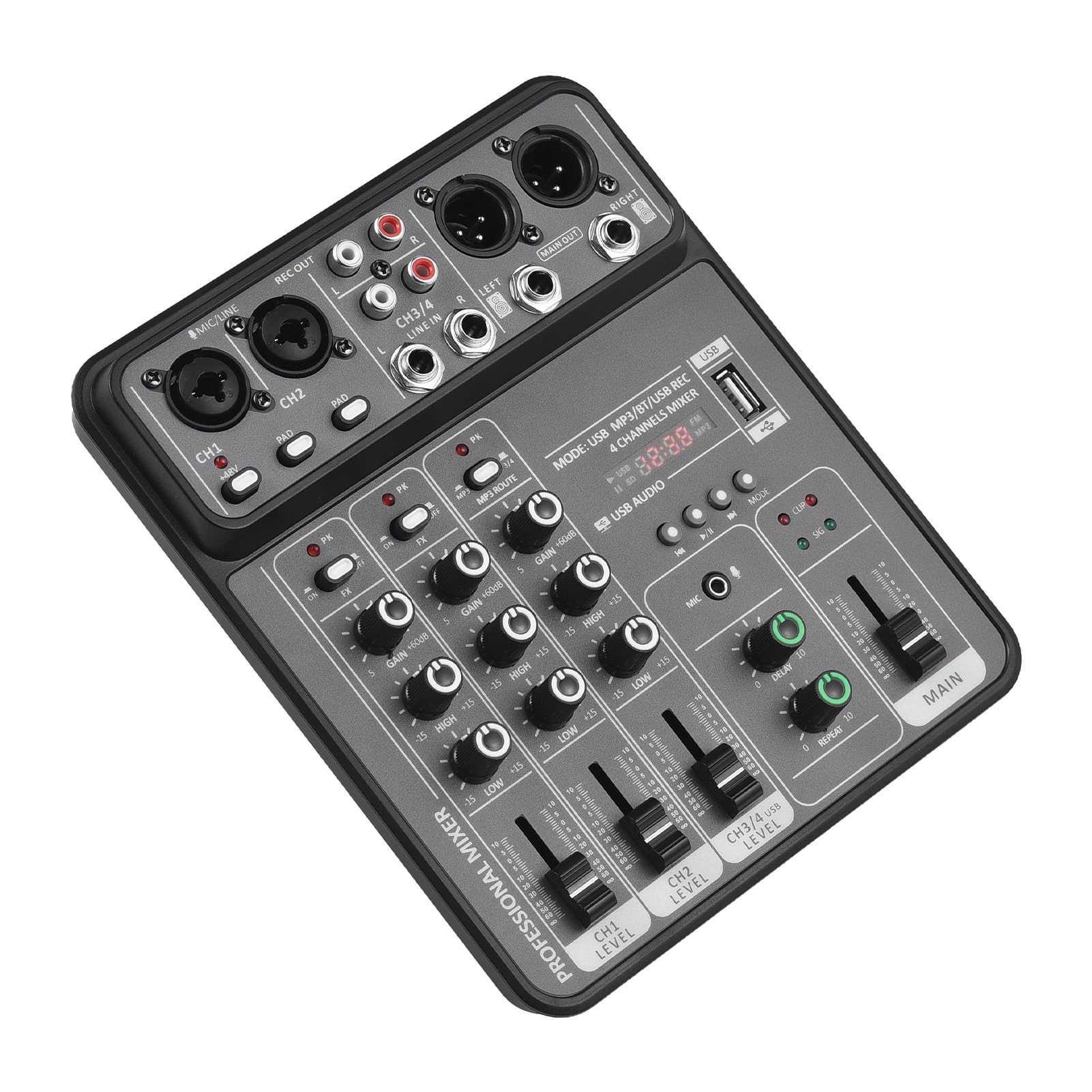 ERYUE Audio Mixer 4 Channel Mixing Console 48V Phantom Power for Home Studio Recording DJ Network Live Broadcast TypeC Power Supply BT MP3 USB Recording Input Portable Sound