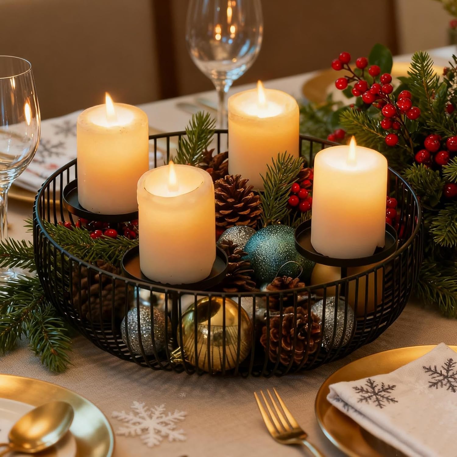Christmas Candle Holder – Metal Candle Centerpiece, Classic Candles Stand, Advent Candles Display | Anti-Slip Decorative Candlestick for Fall Wedding Dining Table Winter Nativity Holiday Home Tabletop