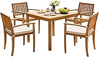 Greesum 5-Piece Acacia Wood Patio Dining Set with Cushions, Square Table & 4 Chairs for Garden Porch Yard, White
