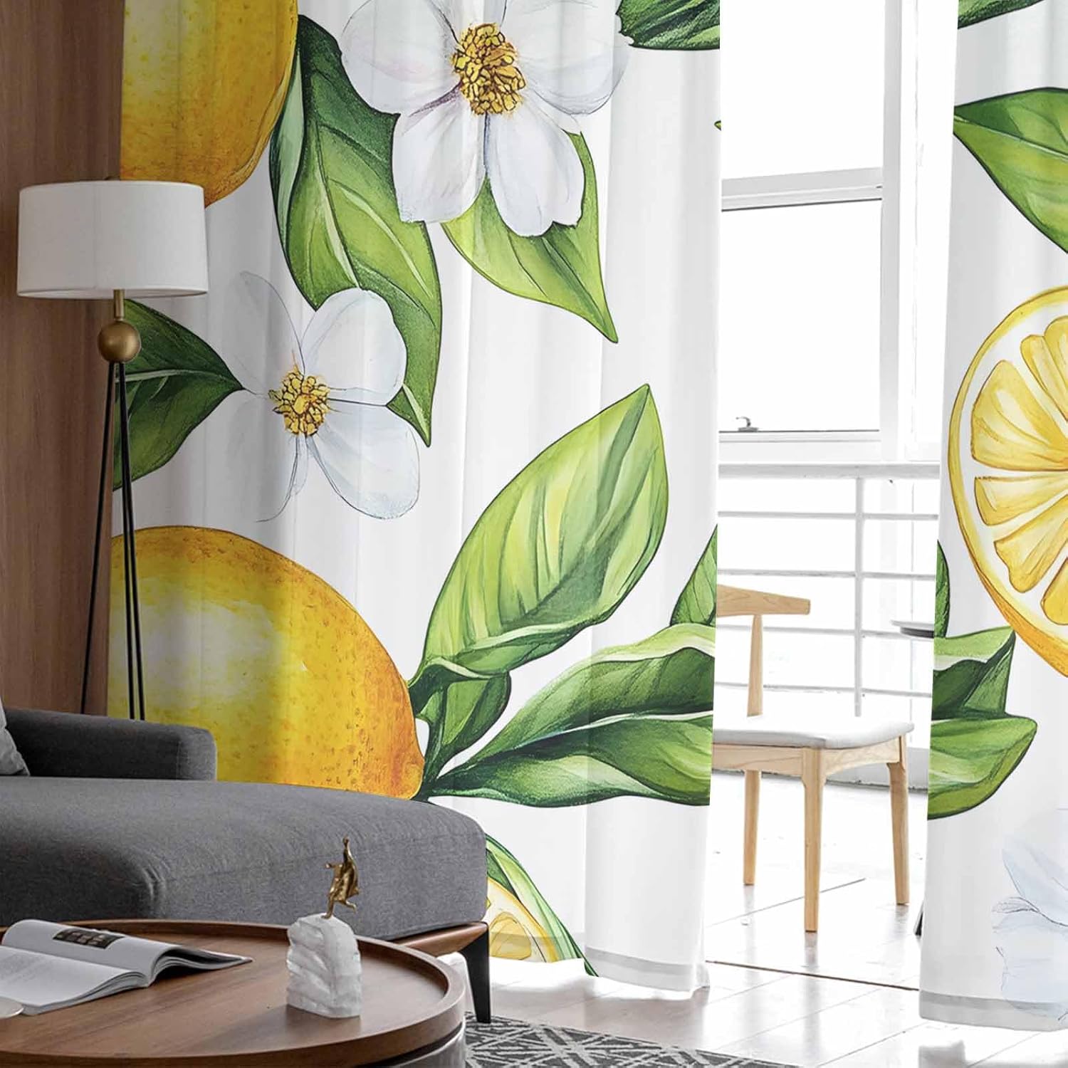 Summer Lemon Sheer Curtains 84 inches Long 2 Panels Set Lemon Jasmine Floral Leaves Watercolor Fruit Sheer Window Curtain Farmhouse Rod Pocket Voile Drapes for Living Room/Bedroom, Each 52" W x 84" L