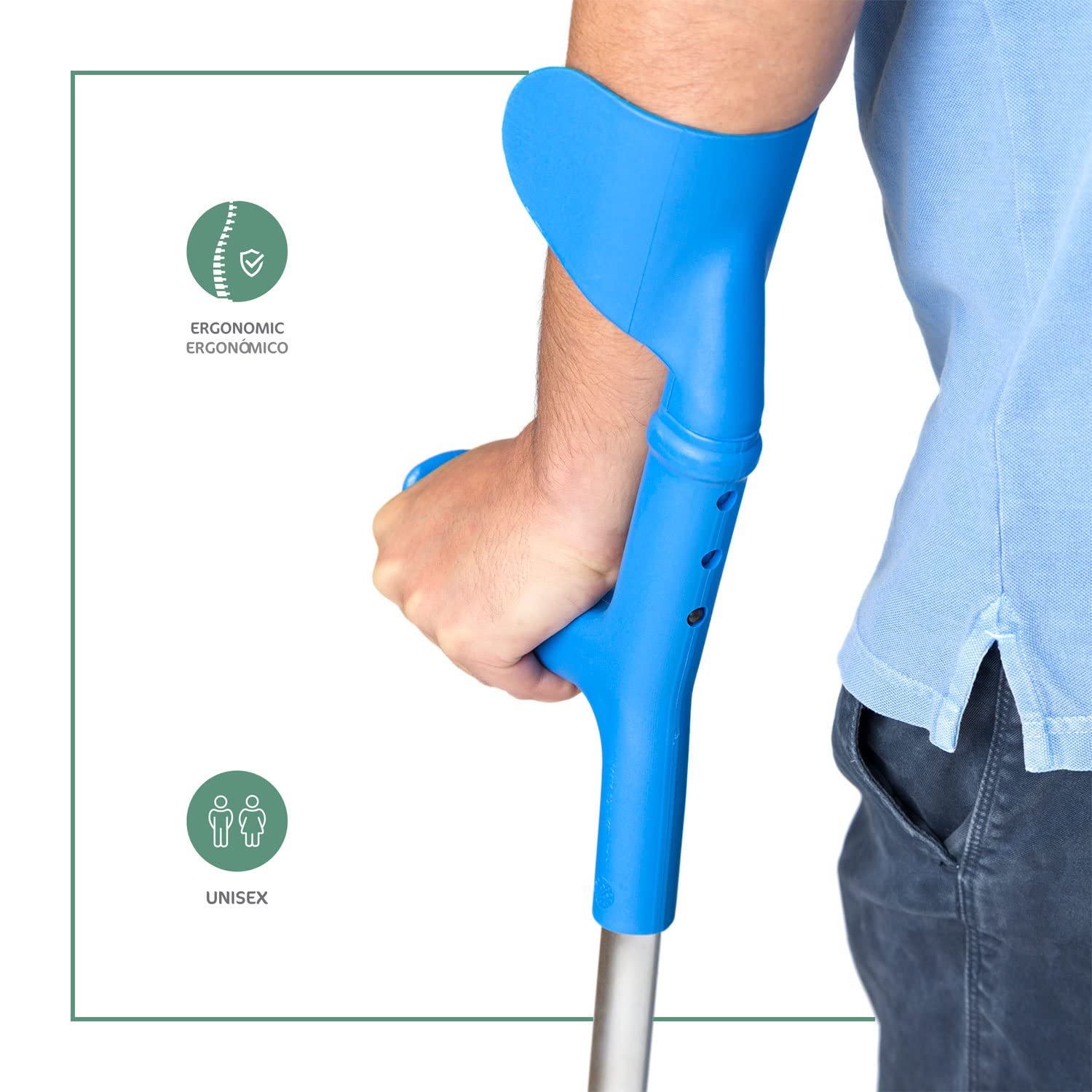 Muletas Adulto Regulables Aluminio (2 uds, Azul) – Ajuste Rápido con Clip, Contera Antideslizante, Empuñadura Anatómica, Soporta 125 kg, Fabricado en España