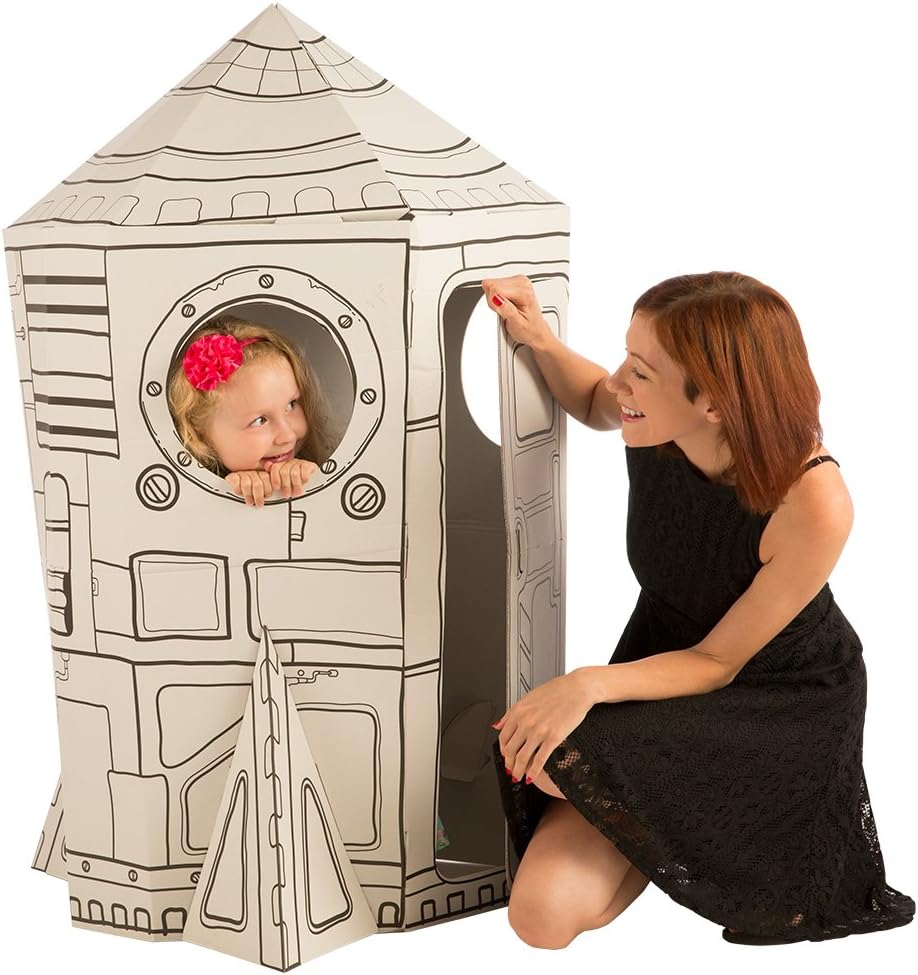 Cardboard Playhouse for Kids to Color - Create an Easy Rocket Ship with Included Markers and Over 40 Glow-in-The-Dark Stickers!