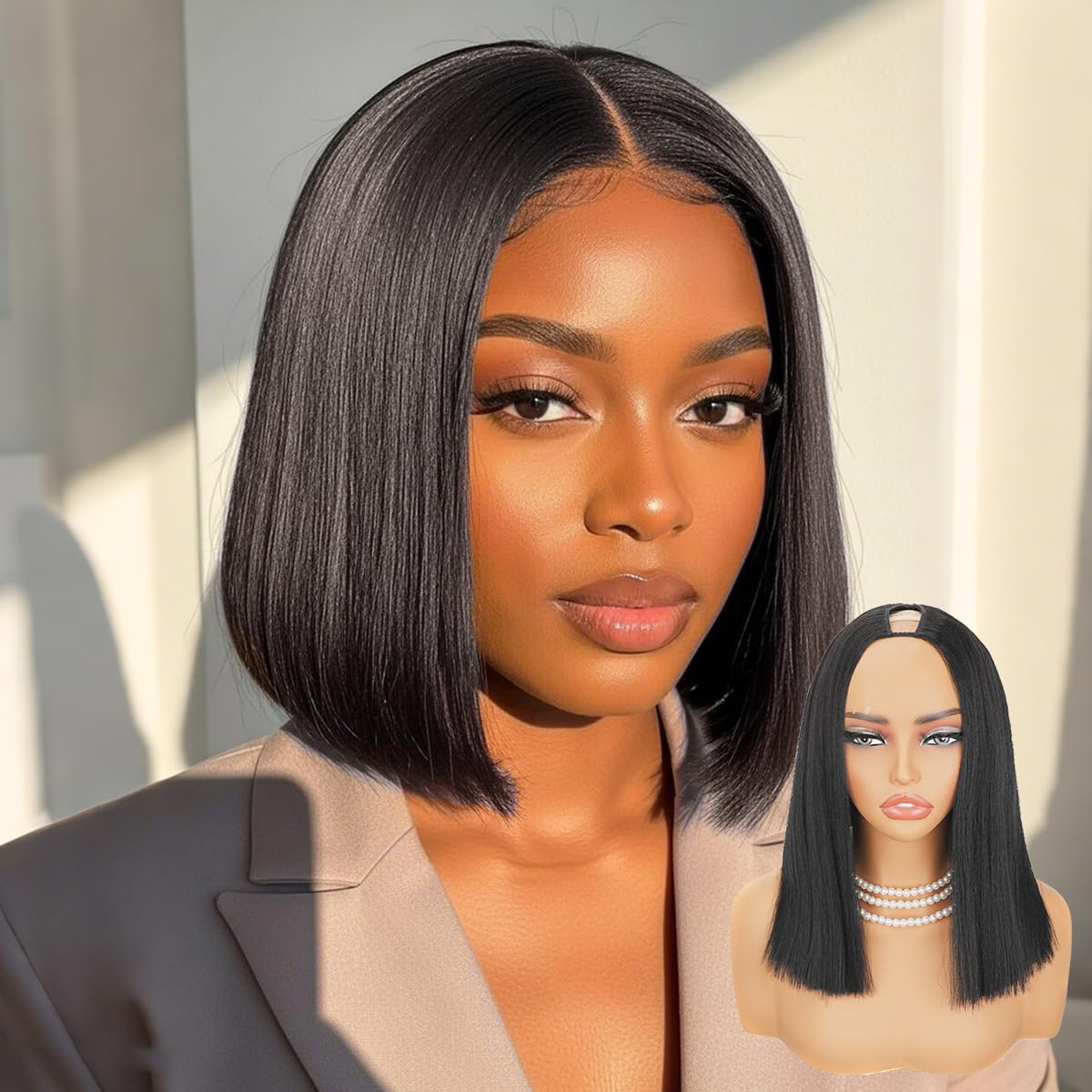 Ainmeys v Part bob Wigs 220% Density Brazilian Yaki Straight v Shape human hair Wigs for black Women No leave out Upgrade U Part short bob Wigs With Drawstring Glueless Clip In Half Wigs(10INCH)