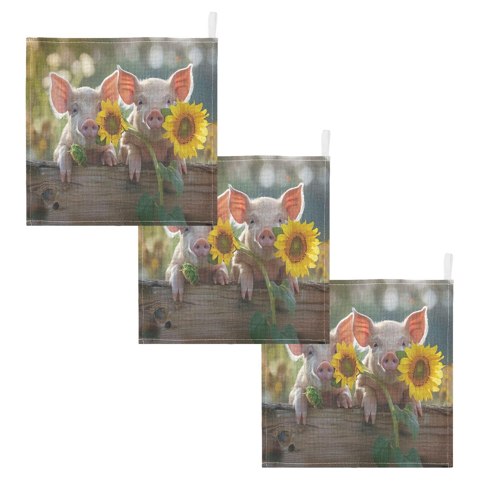 Qilmy Pig Sunflower Baby Washcloths 5 Pack, Absorbent Soft Cotton Newborn Muslin Washcloths Face Towels, 12 x 12 Inch