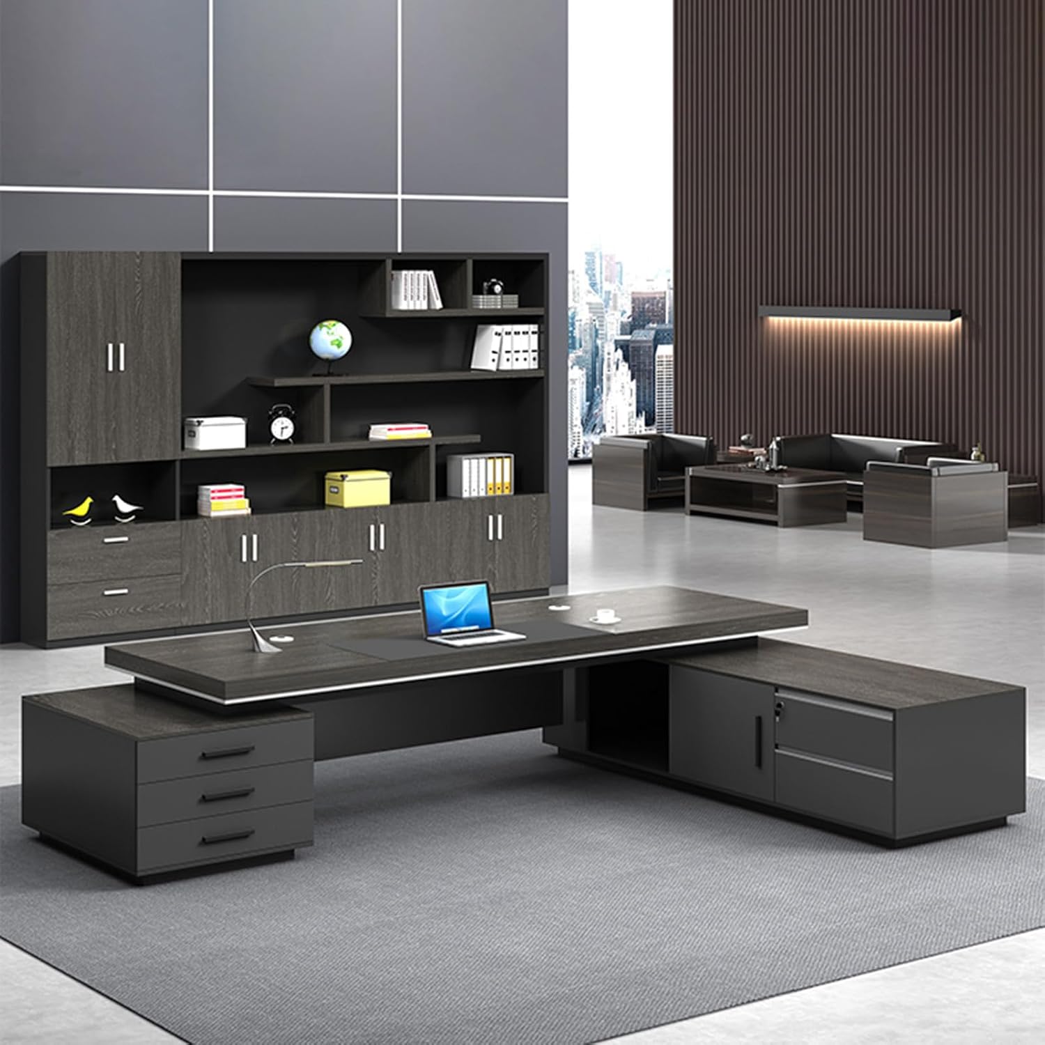 Black L Shaped Computer Desk Executive Office Desk with File Drawers Writing Study Table Business Furniture Set for CEO Boss