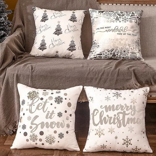 Miniatura 7 de Juego de 4 fundas de almohada navideñas negras y plateadas de 16 x 16 pulgadas, decoración navideña plateada y negra, copos de nieve, almohadas