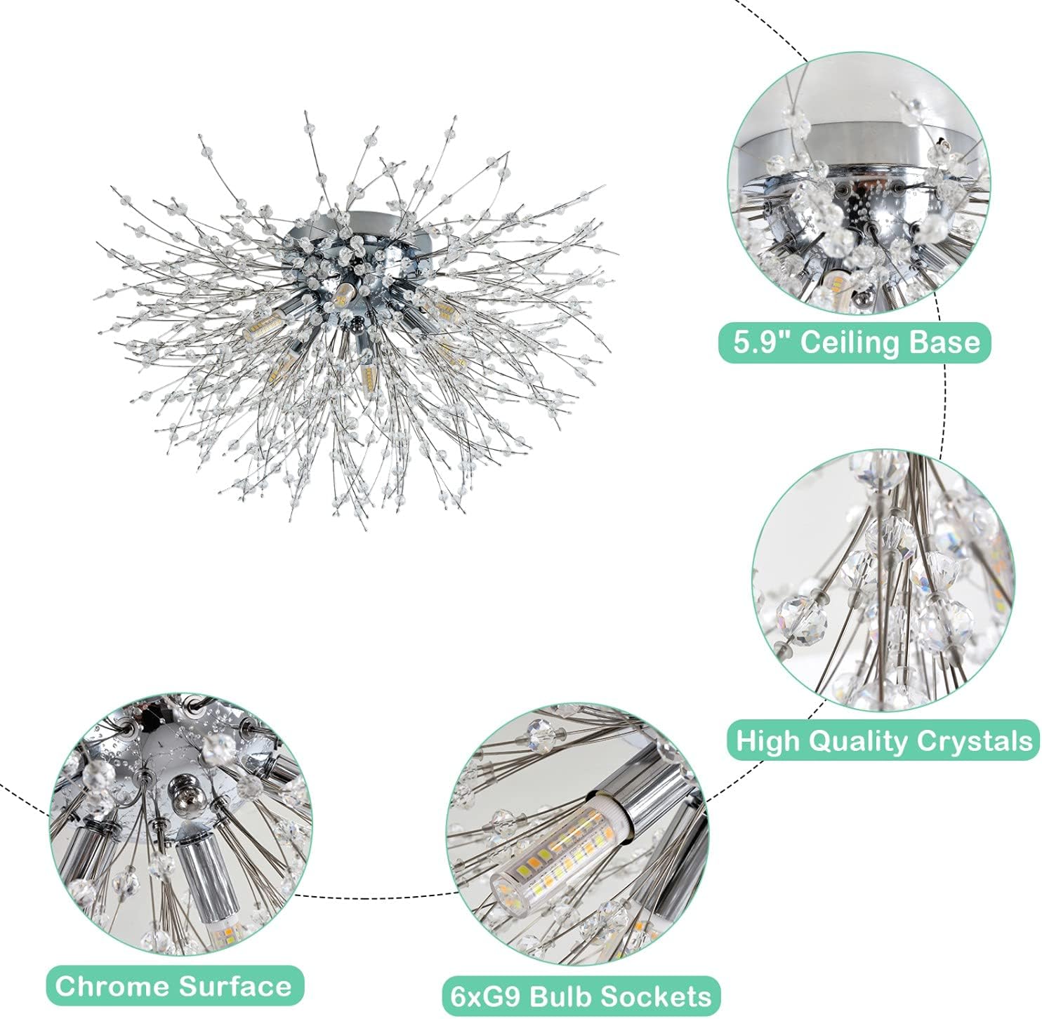 HMVPL Flush Mount Ceiling Light, Modern Crystal Sputnik Firework Close to Ceiling Lamp LED Ceiling Lighting Fixtures for Bedroom Kitchen Island Entryway Dining Room Hallway Closet : Everything Else